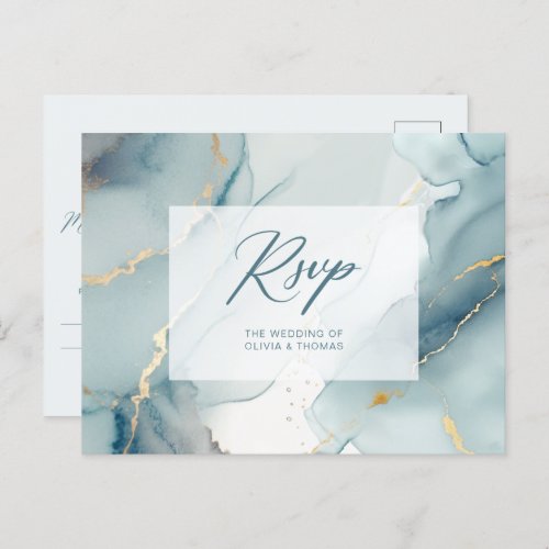 Modern Dusty Blue Script Beach Wedding Meal RSVP Invitation Postcard