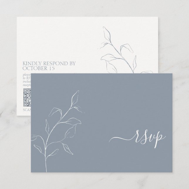 Modern Dusty Blue Script Botanical QR Code RSVP Card (Front/Back)