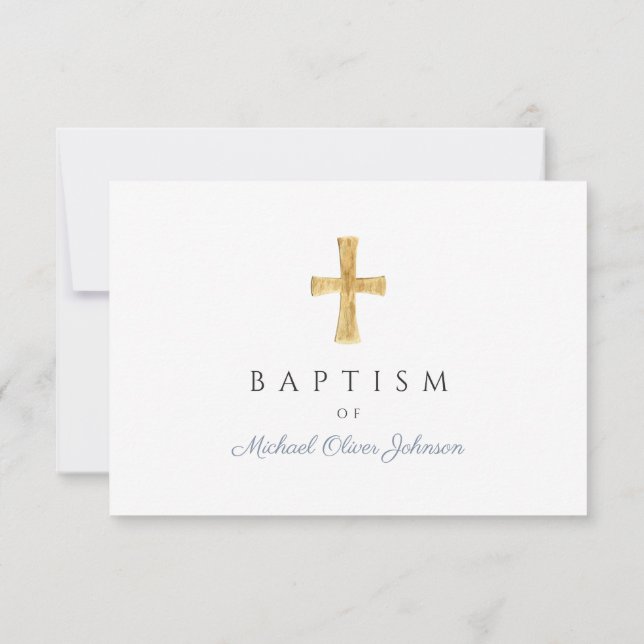 Modern Dusty Blue Script Cross Boy Baptism  RSVP Card (Back)