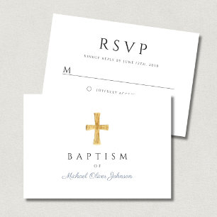 Modern Dusty Blue Script Cross Boy Baptism RSVP Card