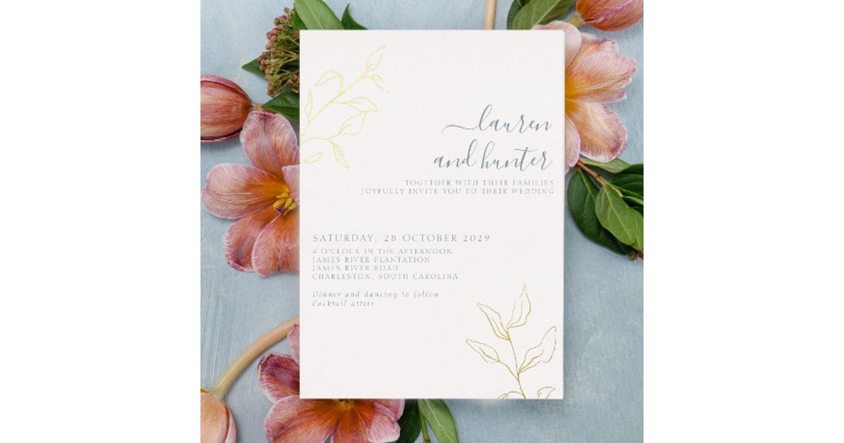 Modern Dusty Blue Script Gold Botanical Wedding Foil Invitation | Zazzle