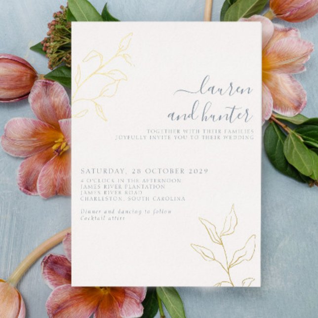 Modern Dusty Blue Script Gold Botanical Wedding Foil Invitation (Creator Uploaded)