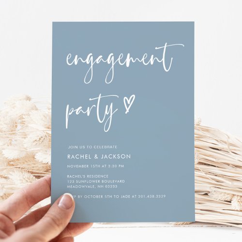 Modern Dusty Blue Script Minimal Engagement Party  Invitation