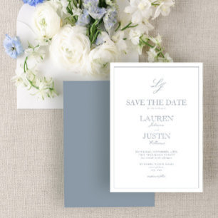 Modern Dusty Blue Script Monogram Save the Date Invitation
