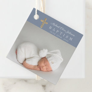 Modern Dusty Blue Script Photo Baptism Thank You Favor Tags