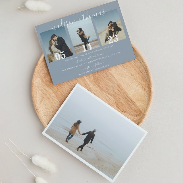 Modern Dusty Blue Script Photo Collage Wedding Invitation (Creator Uploaded)