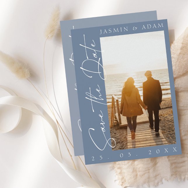 Modern Dusty Blue Script Photo Save the Date (Creator Uploaded)