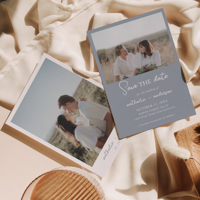 Modern Dusty Blue Script Photo Save the Date Invitation (Creator Uploaded)