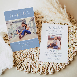 Modern Dusty Blue Script Photo Wedding Save The Date