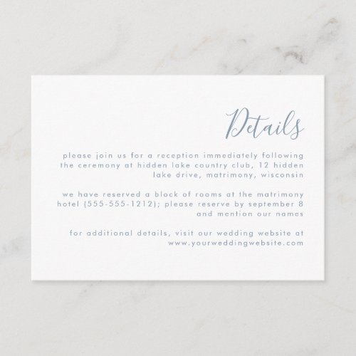 Modern Dusty Blue Script Wedding Details Enclosure Card