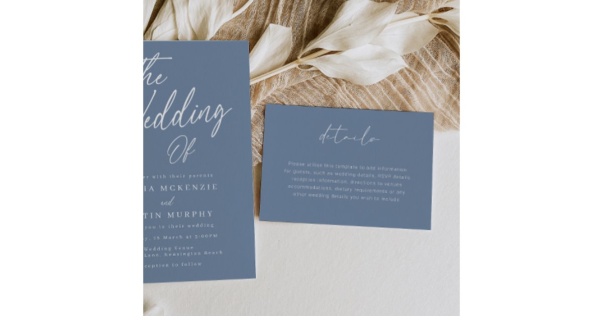 Modern Dusty Blue Script Wedding Details Enclosure Card | Zazzle