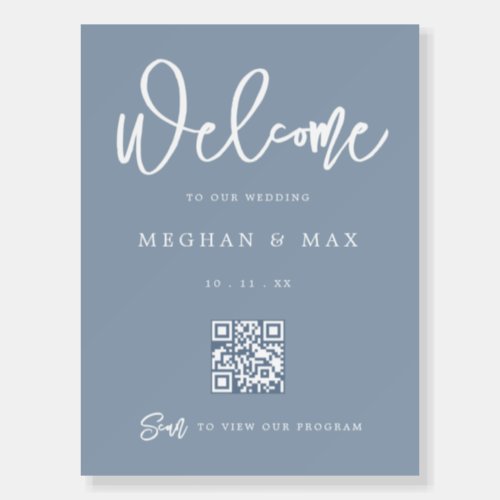 Modern Dusty Blue Script Wedding QR Code Welcome  Foam Board