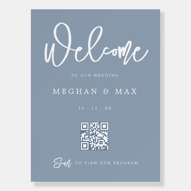 Modern Dusty Blue Script Wedding QR Code Welcome  Foam Board (Front)