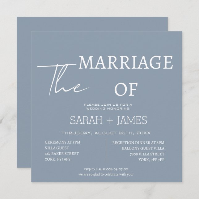 Modern Dusty Blue Script White Font Wedding Square Invitation (Front/Back)