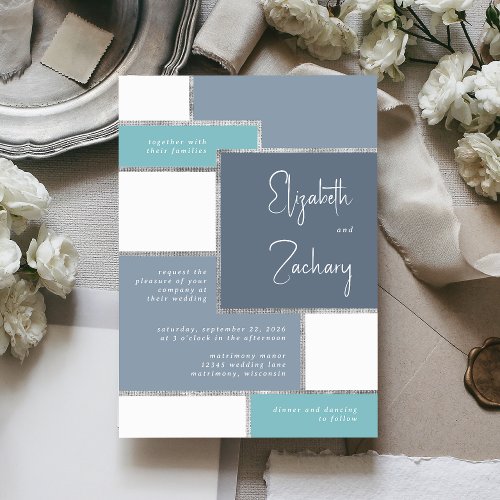 Modern Dusty Blue Sea Glass Silver Wedding Invitation