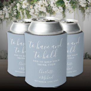 Modern Dusty Blue Signature Script Wedding Can Cooler