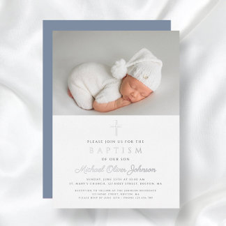 Modern Dusty Blue Silver Cross Boy Photo Baptism Foil Invitation