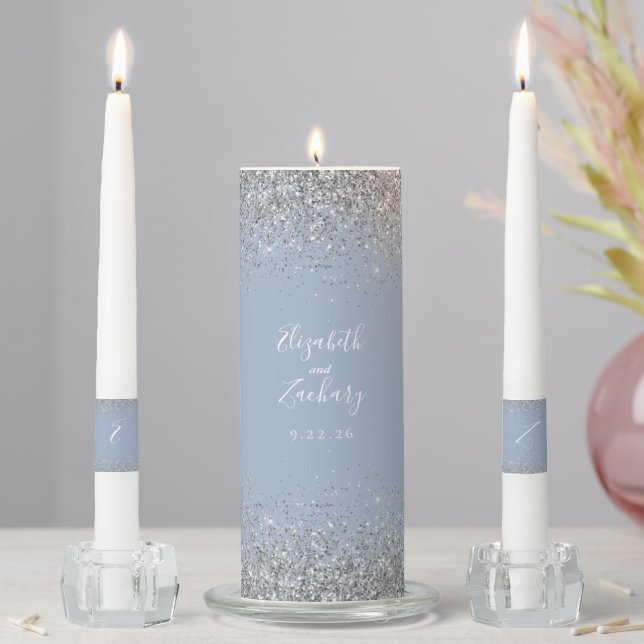 Modern Dusty Blue Silver Faux Glitter Edge Unity Candle Set (In Situ)