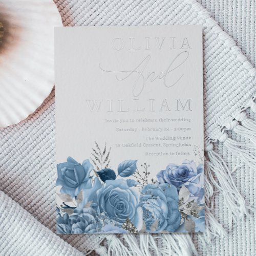Modern Dusty Blue  Silver Floral Wedding Foil Invitation