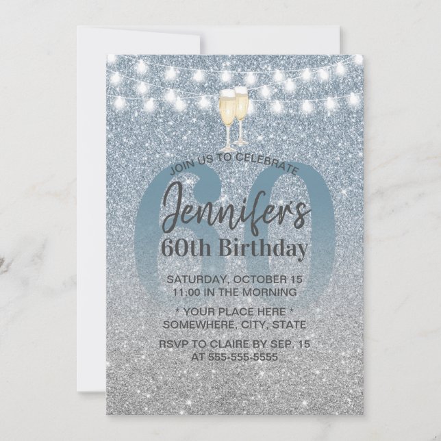 Modern Dusty BLue & Silver Glitter 60th Birthday Invitation (Front)