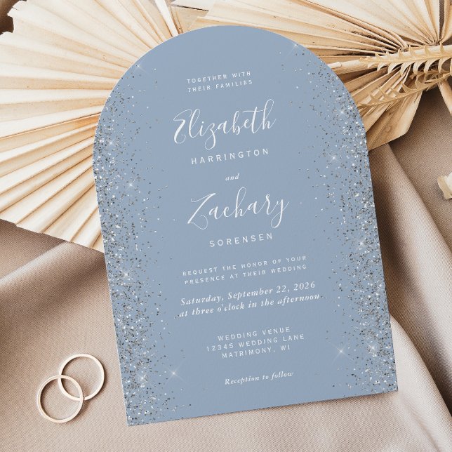 Modern Dusty Blue Silver Glitter Arch Wedding Invitation (Creator Uploaded)