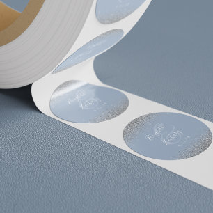 Modern Dusty Blue Silver Glitter Edge Wedding Classic Round Sticker