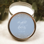 Modern Dusty Blue Silver Glitter Edge Wedding Classic Round Sticker<br><div class="desc">This elegant modern wedding sticker features a faux silver glitter design on the top and bottom edge. Easily customize the white text on a dusty blue background,  with the names of the bride and groom in handwriting calligraphy over a large ampersand.</div>