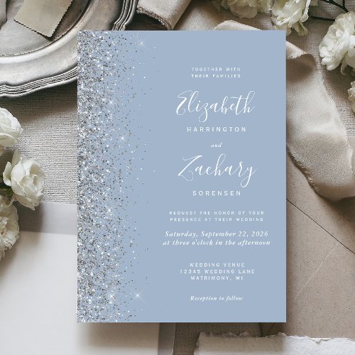 Modern Dusty Blue Silver Glitter Edge Wedding Invitation