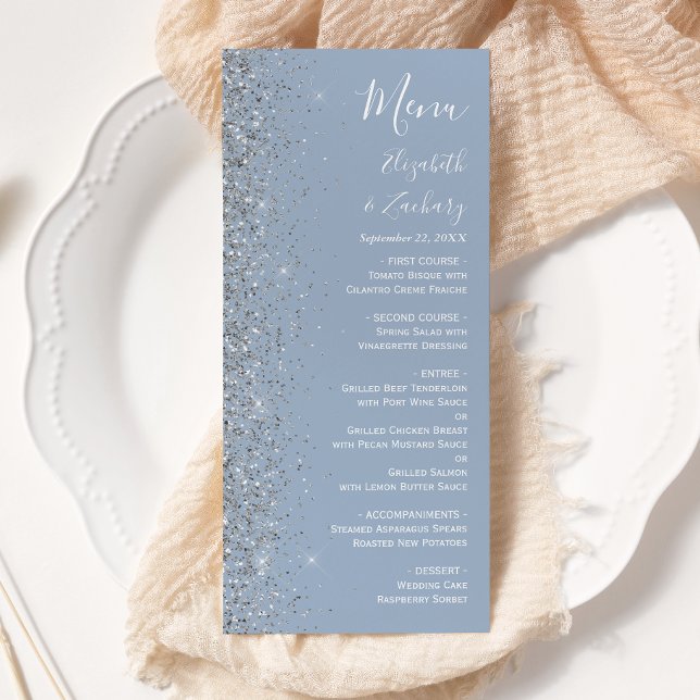 Modern Dusty Blue Silver Glitter Edge Wedding Menu (Creator Uploaded)