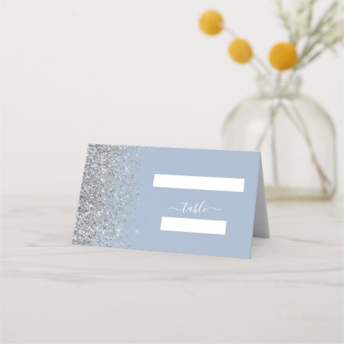 Modern Dusty Blue Silver Glitter Edge Wedding Place Card