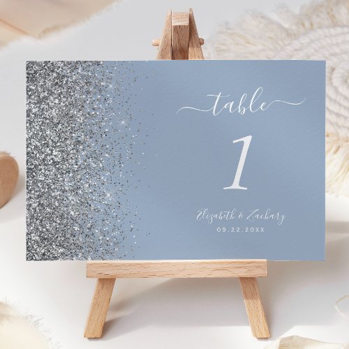 Modern Dusty Blue Silver Glitter Edge Wedding Table Number