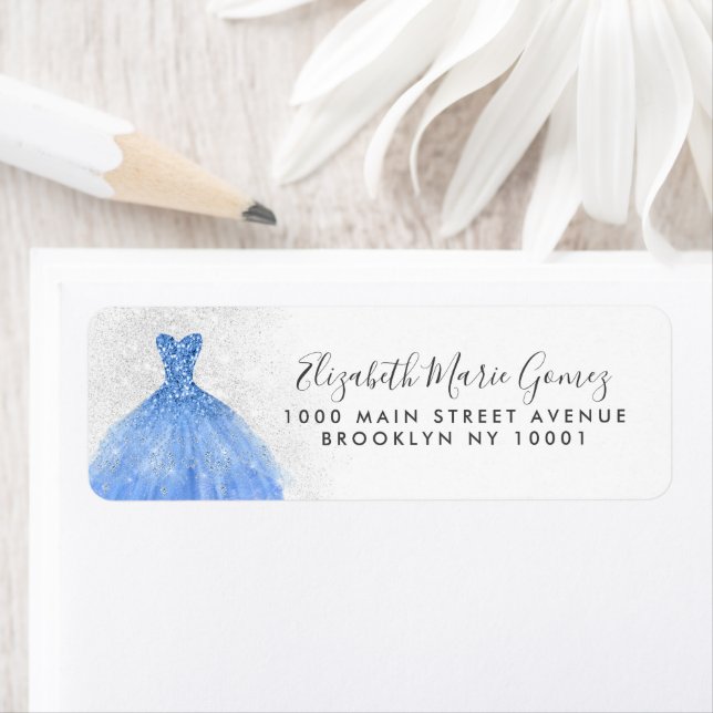 Modern Dusty Blue Silver Glitter Gown Quinceanera Label (Insitu)