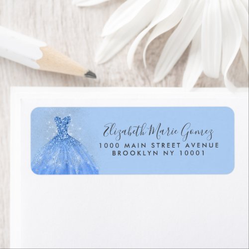 Modern Dusty Blue Silver Glitter Gown Quinceanera Label