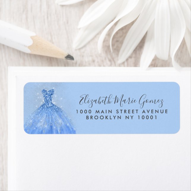 Modern Dusty Blue Silver Glitter Gown Quinceanera Label (Insitu)