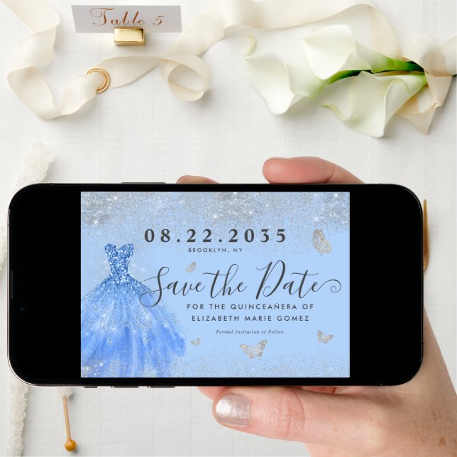 Modern Dusty Blue Silver Glitter Gown Quinceanera Save The Date (Front Digital)