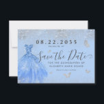 Modern Dusty Blue Silver Glitter Gown Quinceanera Save The Date<br><div class="desc">Modern Dusty Blue Silver Gray Princess Gown Dress Glitter Sparkle Butterfly 15th Birthday Quinceanera Save the Date Invitation</div>