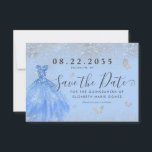 Modern Dusty Blue Silver Glitter Gown Quinceanera Save The Date<br><div class="desc">Modern Dusty Blue Silver Gray Princess Gown Dress Glitter Sparkle Butterfly 15th Birthday Quinceanera Save the Date Invitation</div>