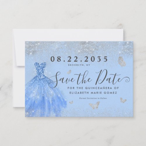 Modern Dusty Blue Silver Glitter Gown Quinceanera Save The Date