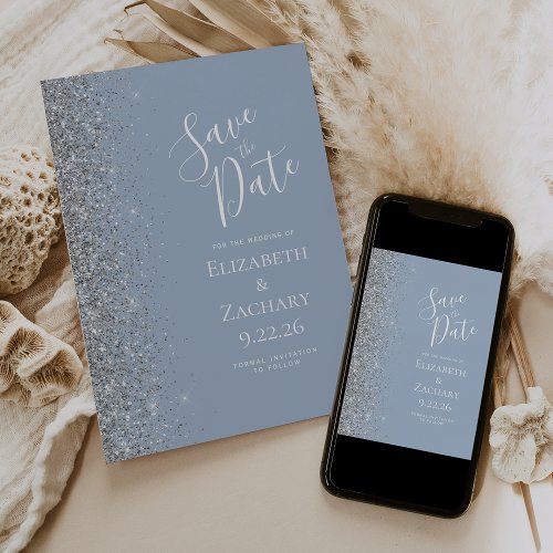 Modern Dusty Blue Silver Glitter Save the Date Announcement