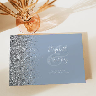Modern Dusty Blue Silver Glitter Script Guest Book