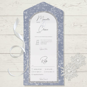 Modern Dusty Blue & Silver Glitter Snow Dinner All In One Invitation