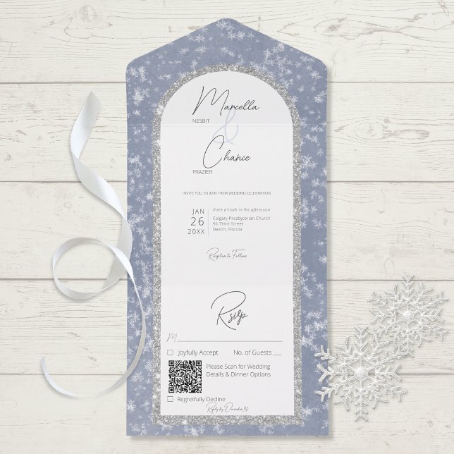 Modern Dusty Blue & Silver Glitter Snow QR Code All In One Invitation (Creator Uploaded)