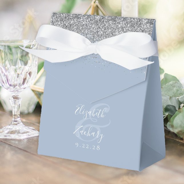 Modern Dusty Blue Silver Glitter Wedding Favor Boxes (Creator Uploaded)