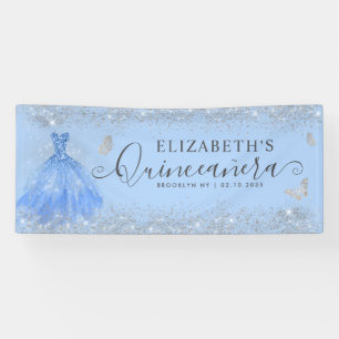 Modern Dusty Blue Silver Gown Quinceañera Welcome Banner
