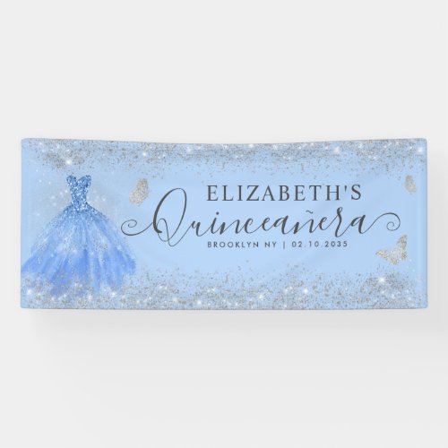 Modern Dusty Blue Silver Gown Quinceaera Welcome Banner