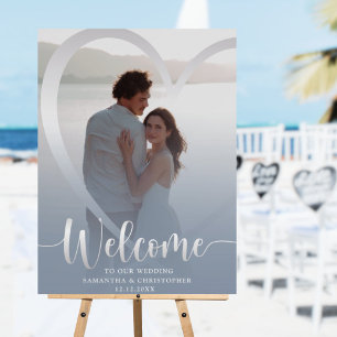 Modern Dusty Blue & Silver Heart Wedding Welcome Foam Board