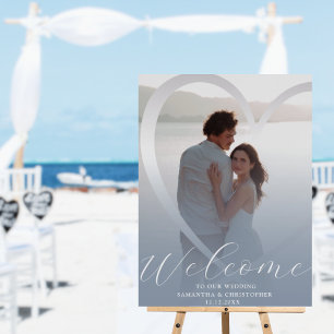 Modern Dusty Blue & Silver Heart Wedding Welcome Foam Board