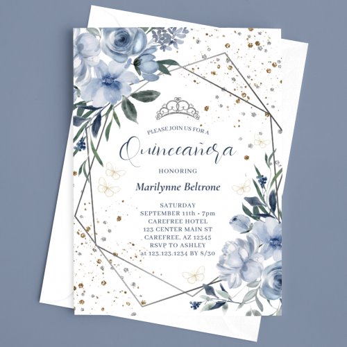 Modern Dusty Blue Silver Quinceaera Invitation