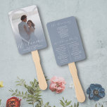 Modern Dusty Blue & Silver White Wedding Program Hand Fan<br><div class="desc">Stay cool and celebrate your special day in style with our unique Wedding Program Hand Fan, beautifully designed with a dusty blue gradient, a treasured photo of the couple, and delicate faux silver heart detail. This hand fan not only keeps your guests comfortable but also adds a touch of elegance...</div>