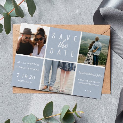 Modern dusty blue simple 3 photo collage wedding save the date